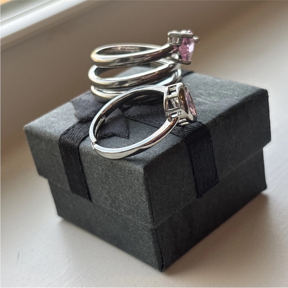 2 Piece White Gold Plated Pink Heart CZ Ring Set | Romantic Boho | Adjustable - Picture 11 of 14